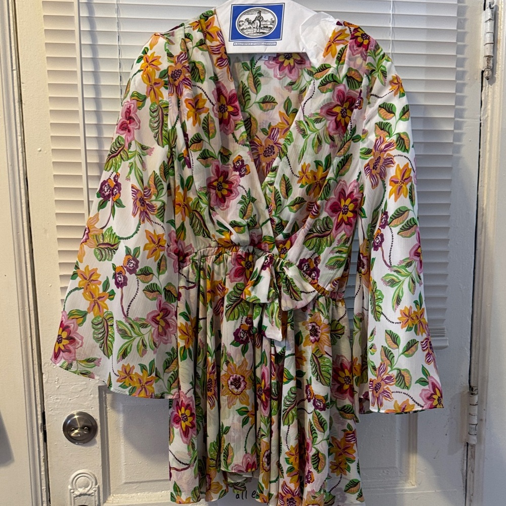 Misa Los Angeles White Floral Midi Dress with Pink Yellow Flowers